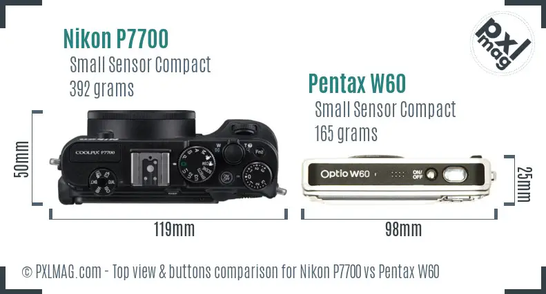 Nikon P7700 vs Pentax W60 top view buttons comparison