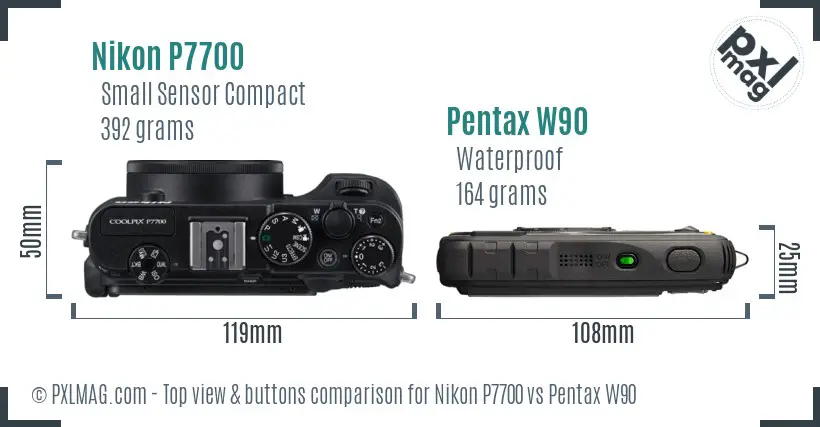 Nikon P7700 vs Pentax W90 top view buttons comparison