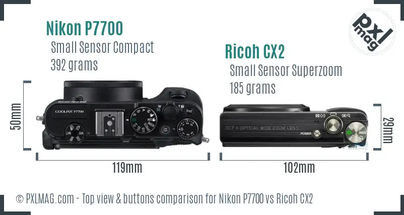Nikon P7700 vs Ricoh CX2 top view buttons comparison