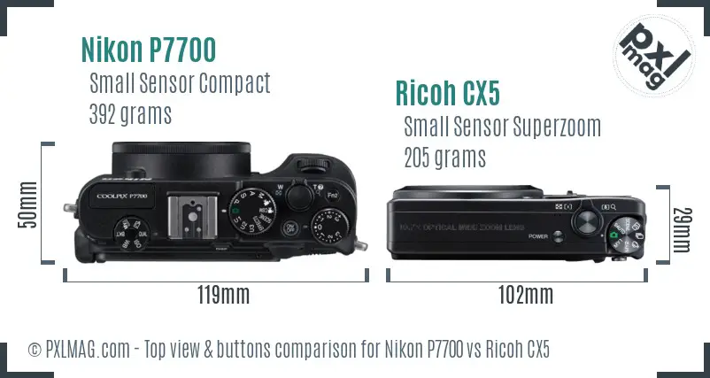 Nikon P7700 vs Ricoh CX5 top view buttons comparison