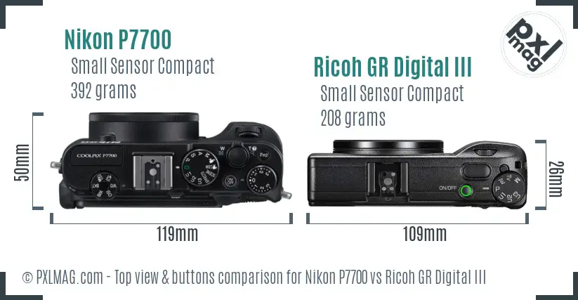 Nikon P7700 vs Ricoh GR Digital III top view buttons comparison