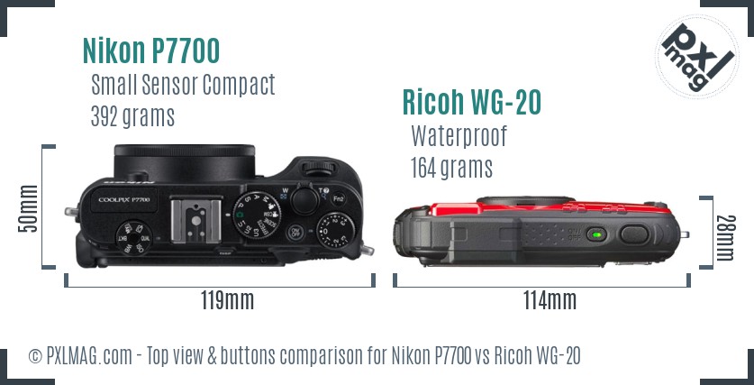 Nikon P7700 vs Ricoh WG-20 top view buttons comparison