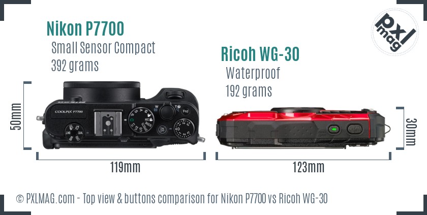 Nikon P7700 vs Ricoh WG-30 top view buttons comparison