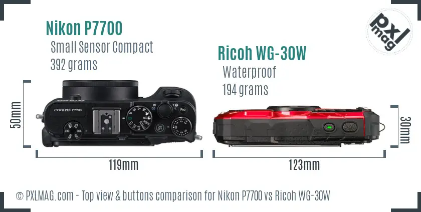 Nikon P7700 vs Ricoh WG-30W top view buttons comparison