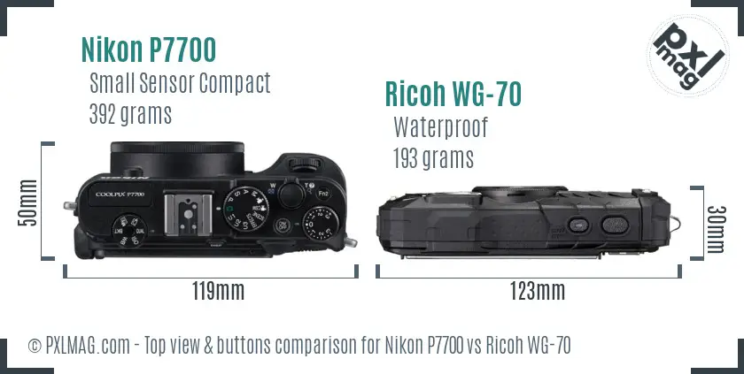 Nikon P7700 vs Ricoh WG-70 top view buttons comparison