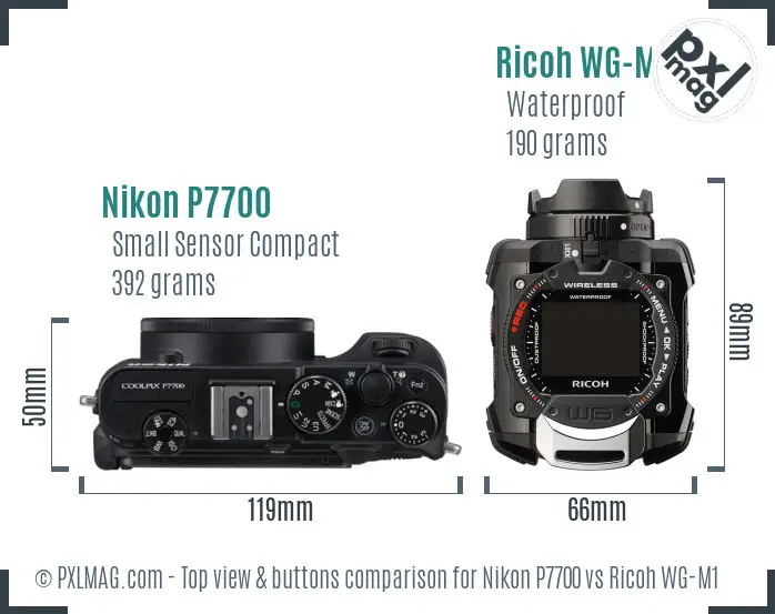 Nikon P7700 vs Ricoh WG-M1 top view buttons comparison