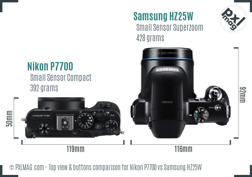 Nikon P7700 vs Samsung HZ25W top view buttons comparison