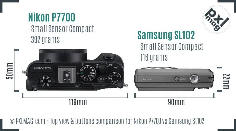 Nikon P7700 vs Samsung SL102 top view buttons comparison