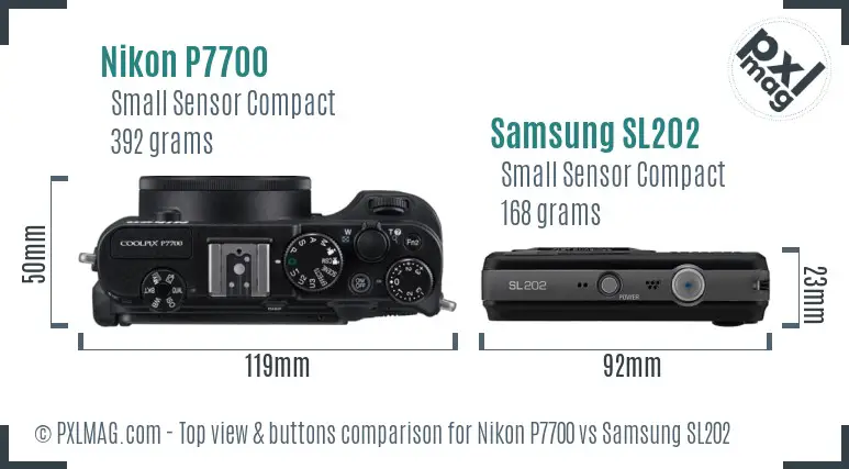 Nikon P7700 vs Samsung SL202 top view buttons comparison