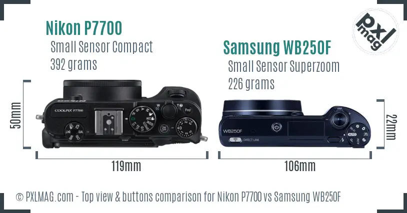 Nikon P7700 vs Samsung WB250F top view buttons comparison