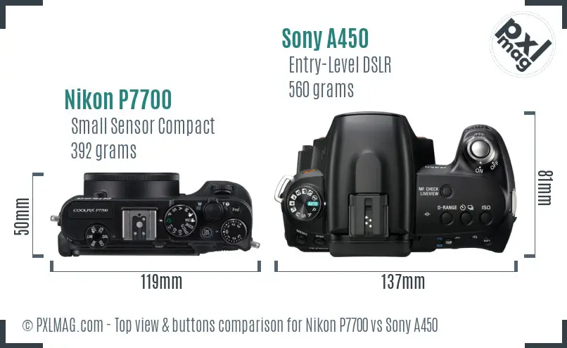 Nikon P7700 vs Sony A450 top view buttons comparison
