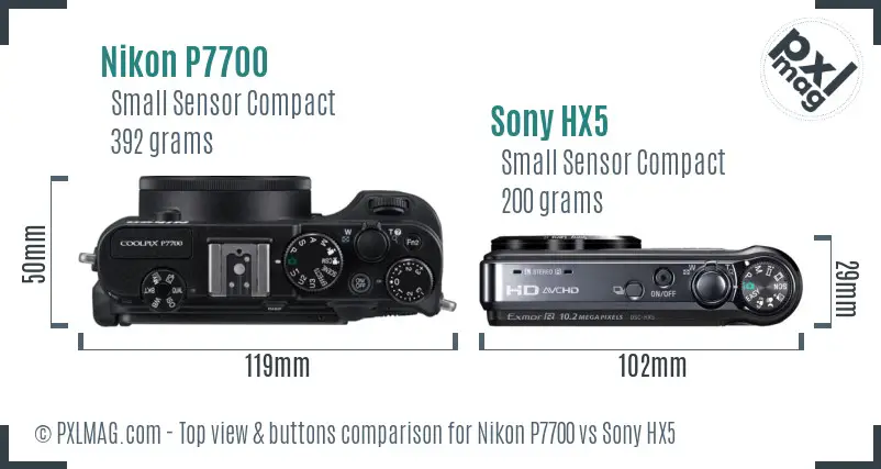 Nikon P7700 vs Sony HX5 top view buttons comparison