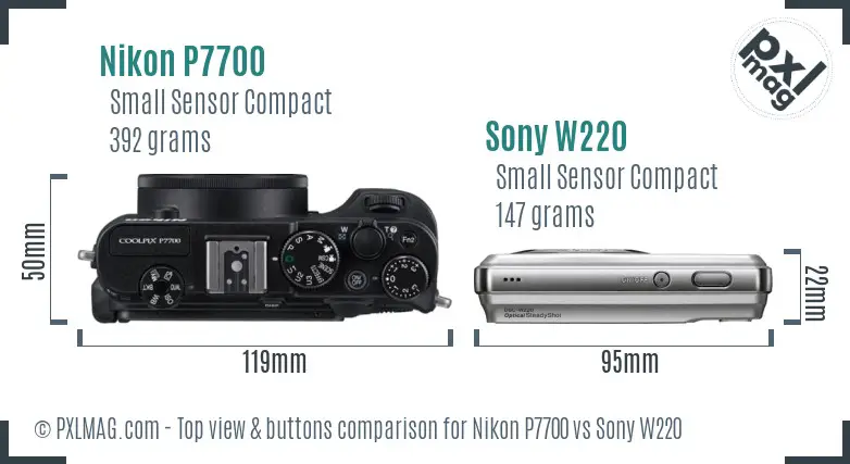 Nikon P7700 vs Sony W220 top view buttons comparison