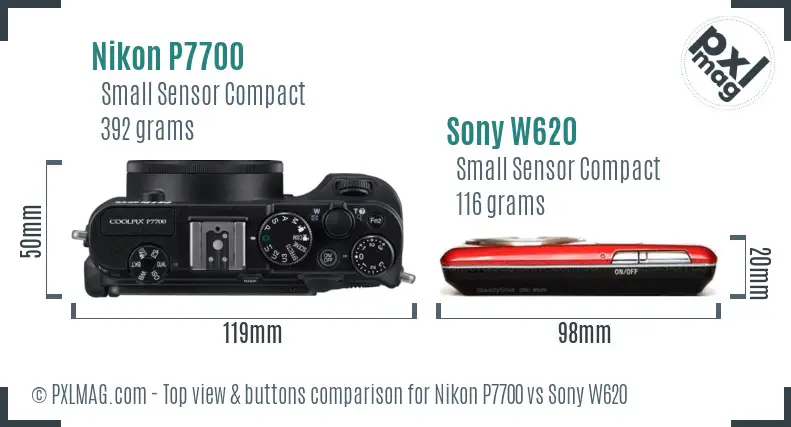 Nikon P7700 vs Sony W620 top view buttons comparison