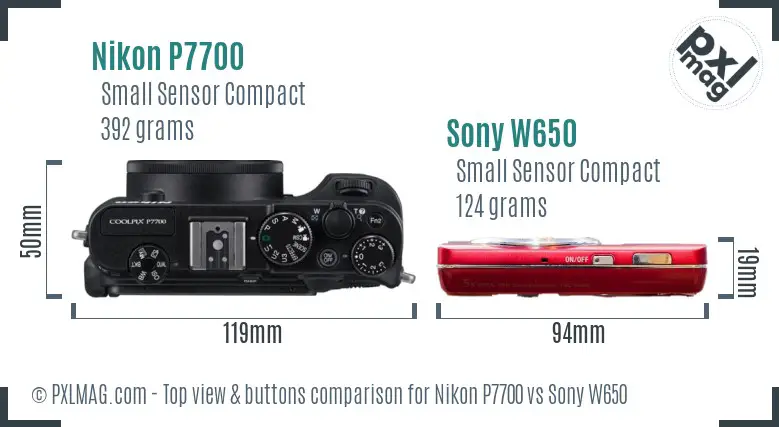 Nikon P7700 vs Sony W650 top view buttons comparison