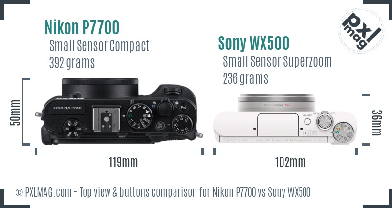 Nikon P7700 vs Sony WX500 top view buttons comparison