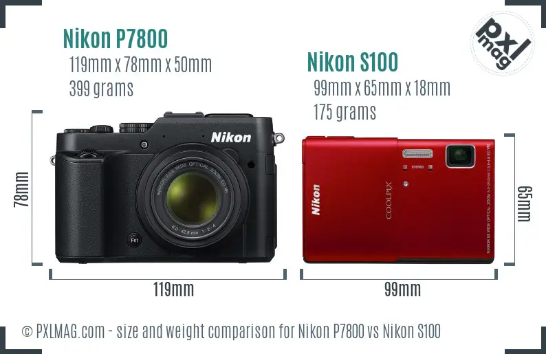 Nikon P7800 vs Nikon S100 size comparison