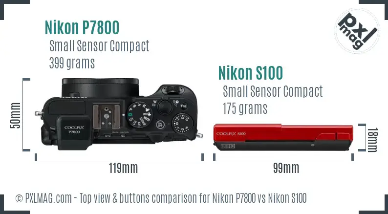 Nikon P7800 vs Nikon S100 top view buttons comparison