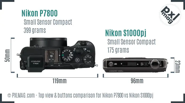 Nikon P7800 vs Nikon S1000pj top view buttons comparison