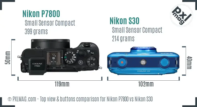 Nikon P7800 vs Nikon S30 top view buttons comparison