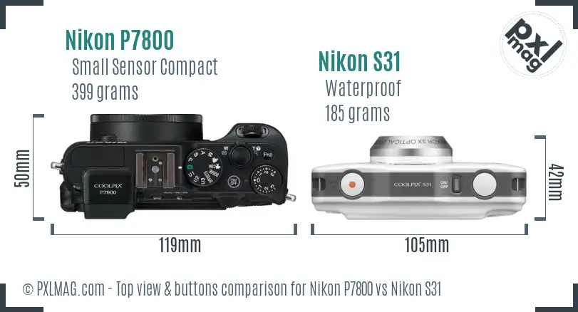 Nikon P7800 vs Nikon S31 top view buttons comparison