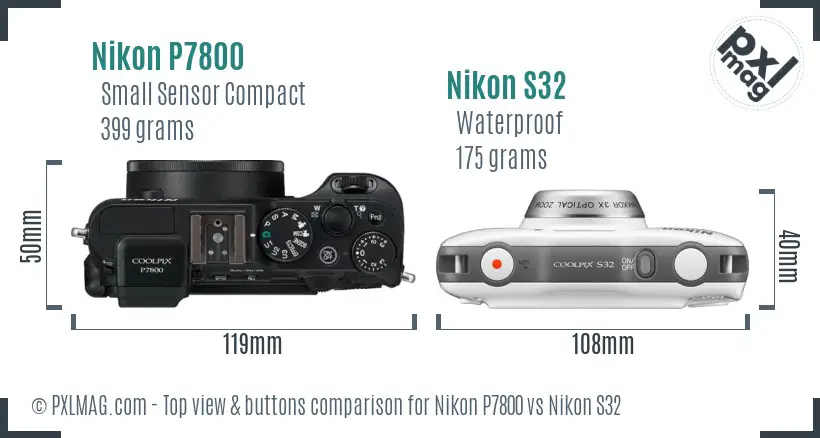 Nikon P7800 vs Nikon S32 top view buttons comparison