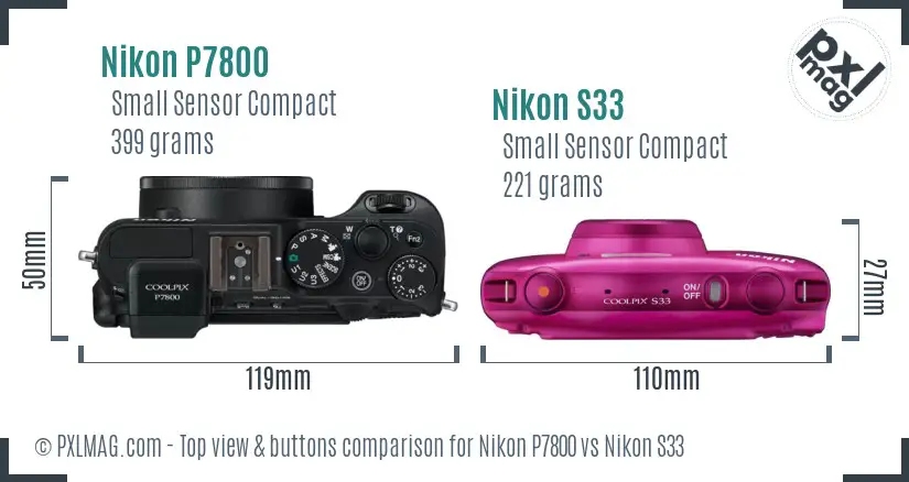 Nikon P7800 vs Nikon S33 top view buttons comparison