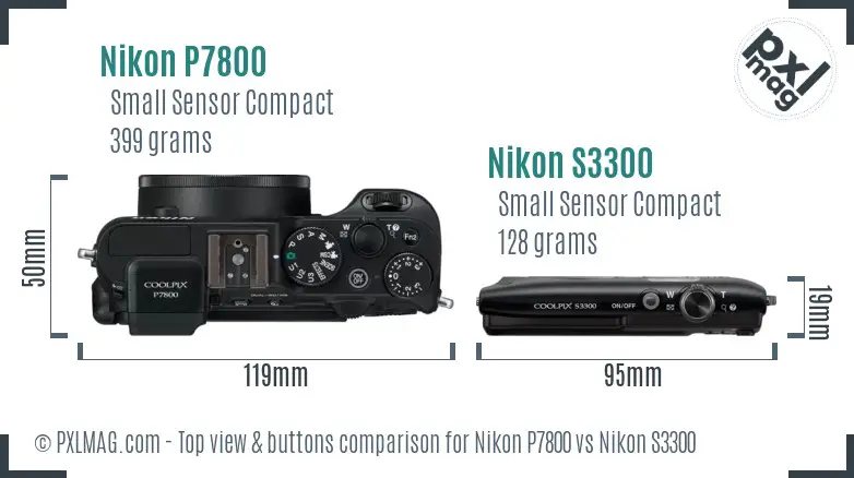 Nikon P7800 vs Nikon S3300 top view buttons comparison
