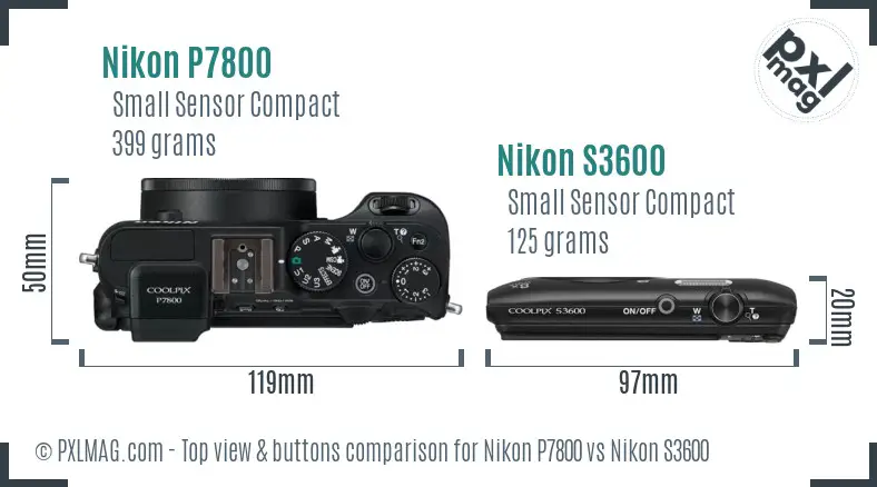Nikon P7800 vs Nikon S3600 top view buttons comparison