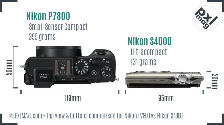 Nikon P7800 vs Nikon S4000 top view buttons comparison