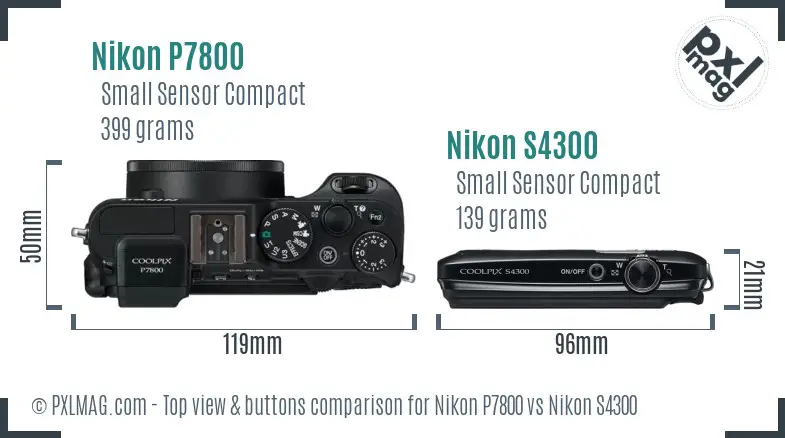 Nikon P7800 vs Nikon S4300 top view buttons comparison