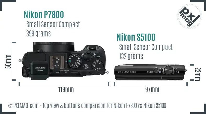 Nikon P7800 vs Nikon S5100 top view buttons comparison