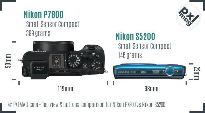 Nikon P7800 vs Nikon S5200 top view buttons comparison
