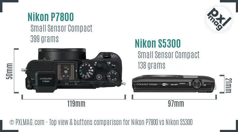 Nikon P7800 vs Nikon S5300 top view buttons comparison