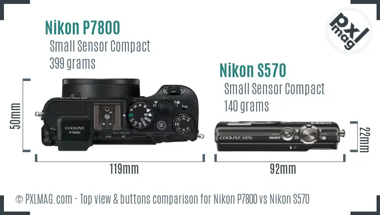 Nikon P7800 vs Nikon S570 top view buttons comparison