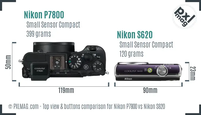 Nikon P7800 vs Nikon S620 top view buttons comparison