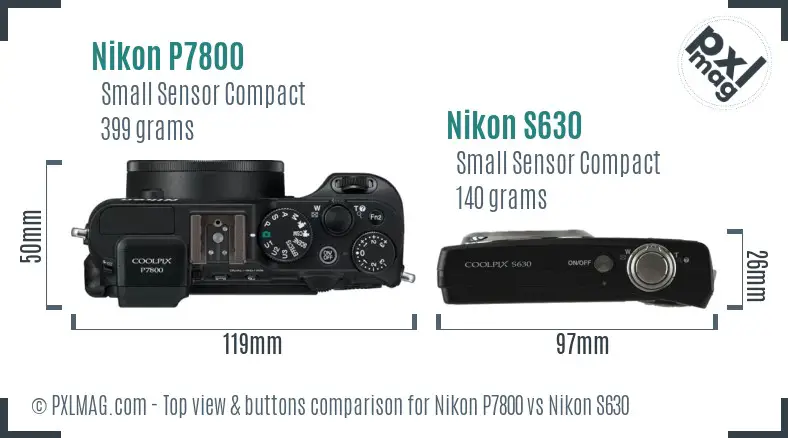 Nikon P7800 vs Nikon S630 top view buttons comparison