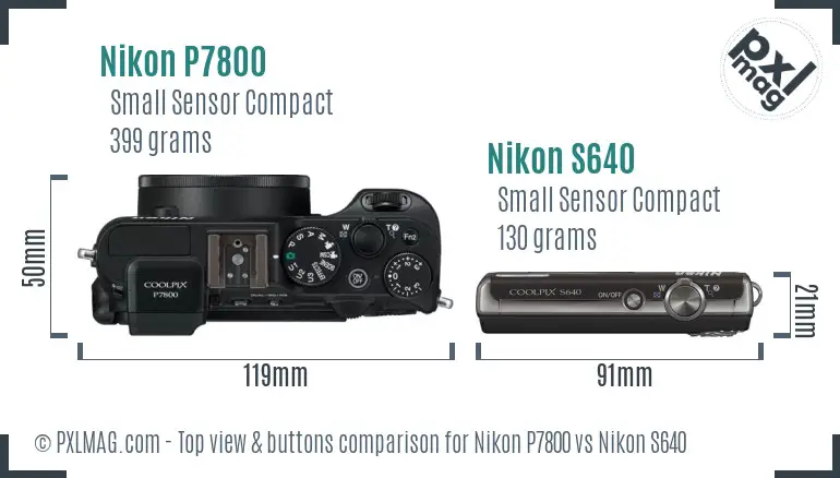 Nikon P7800 vs Nikon S640 top view buttons comparison