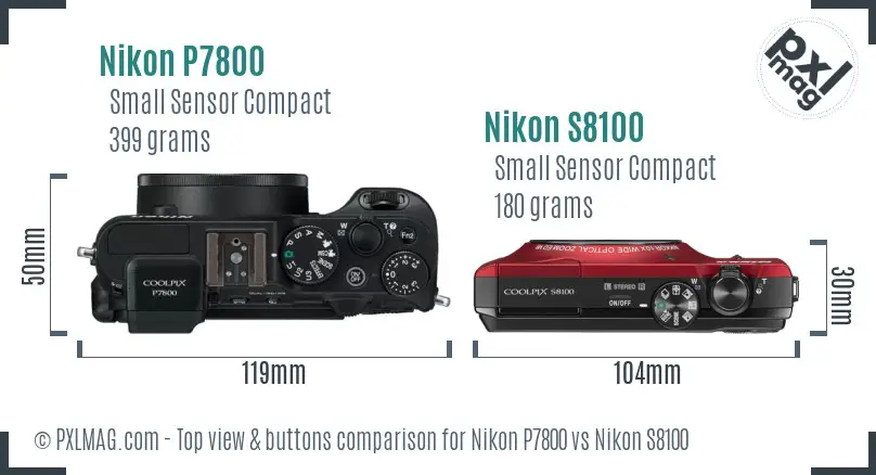Nikon P7800 vs Nikon S8100 top view buttons comparison