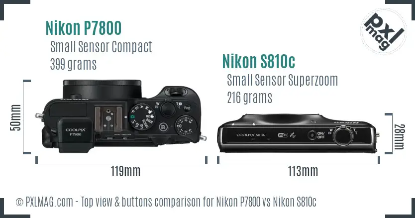Nikon P7800 vs Nikon S810c top view buttons comparison Nikon P7800 vs Nikon S810c top view buttons comparison