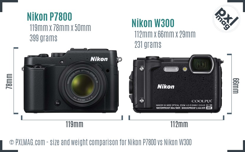Nikon P7800 vs Nikon W300 size comparison Nikon P7800 vs Nikon W300 size comparison