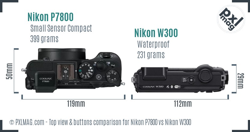 Nikon P7800 vs Nikon W300 top view buttons comparison