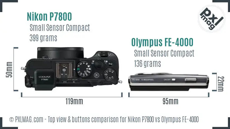 Nikon P7800 vs Olympus FE-4000 top view buttons comparison