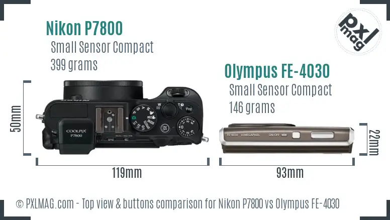 Nikon P7800 vs Olympus FE-4030 top view buttons comparison
