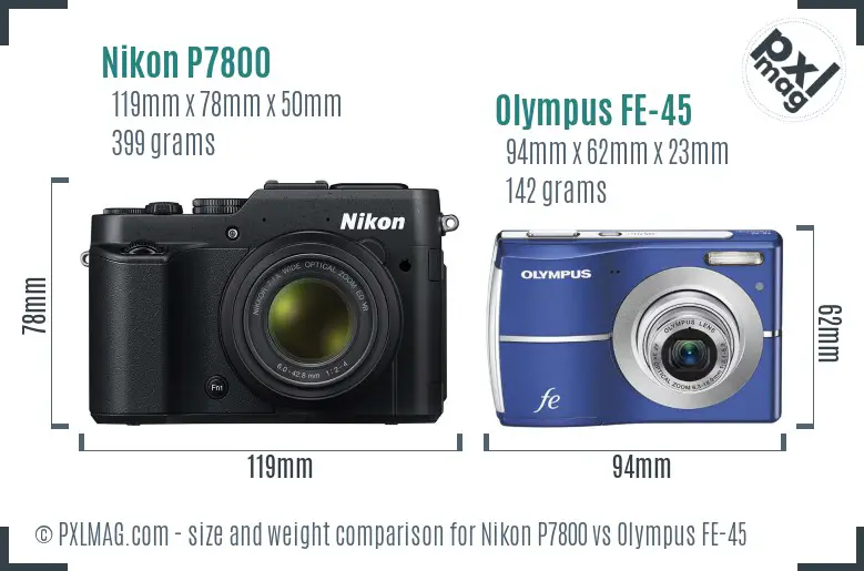 Nikon P7800 vs Olympus FE-45 size comparison