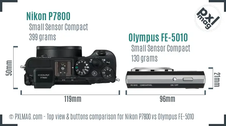 Nikon P7800 vs Olympus FE-5010 top view buttons comparison