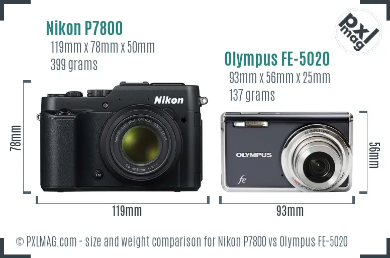 Nikon P7800 vs Olympus FE-5020 size comparison