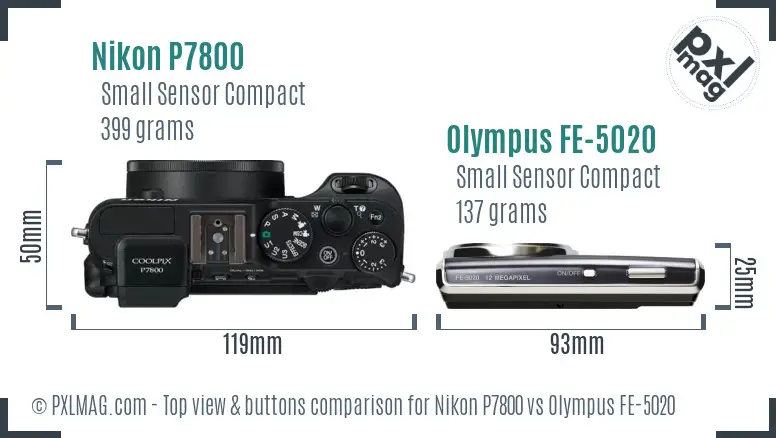 Nikon P7800 vs Olympus FE-5020 top view buttons comparison