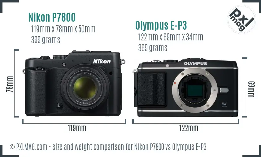 Nikon P7800 vs Olympus E-P3 size comparison