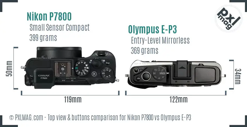 Nikon P7800 vs Olympus E-P3 top view buttons comparison